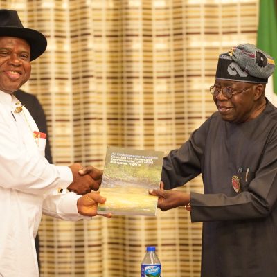 Gov Diri raises the alarm on the extreme pollution of Niger Delta, presents Environmental Report To President Tinubu  *Says Non Completion of East West Road unacceptable